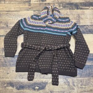 Chaps Nancy Vale Petite Cardigan Sweater Open‎ Front Fair Isle Print Belted P/M